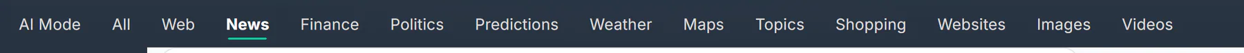 The row of search tabs with the News tab selected: All, Web, News, Websites, Images and Videos are marked
